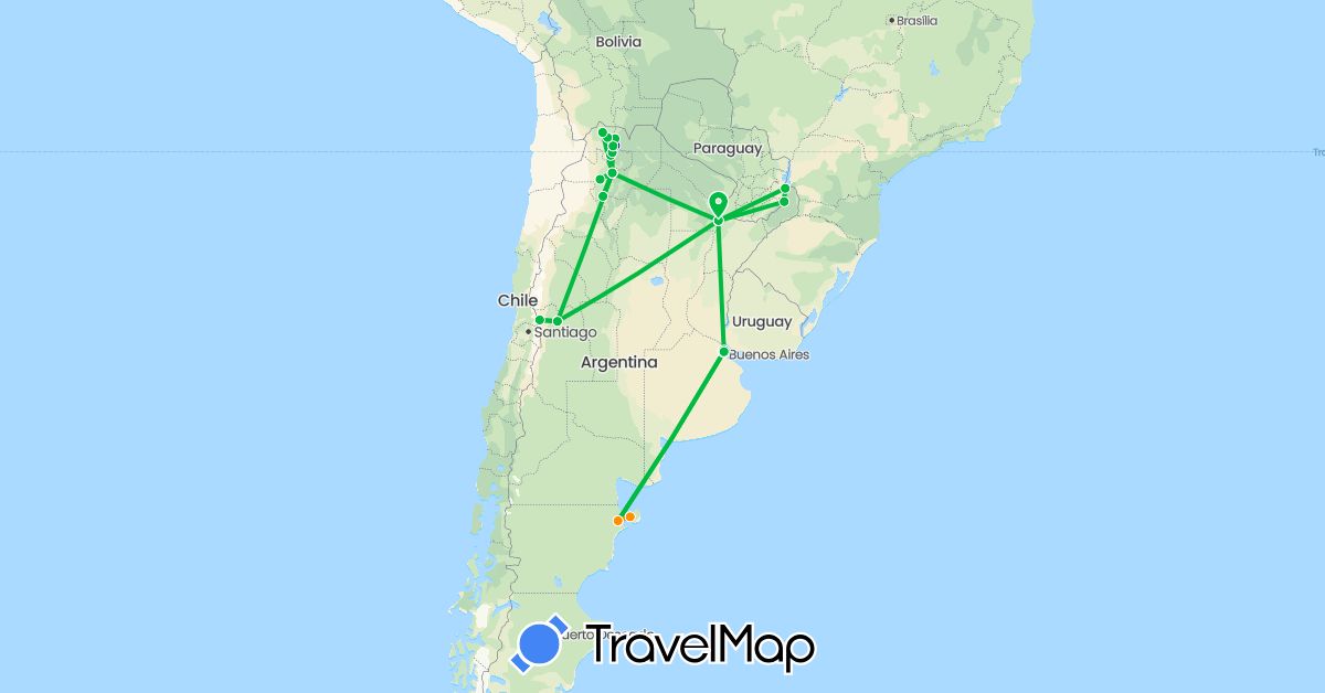 TravelMap itinerary: driving, bus, hitchhiking in Argentina (South America)